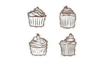 Hand-drawn illustration of four cupcakes with frosting vector