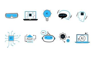 Hand-Drawn Blue and Black Icons Representing Artificial Intelligence Concepts vector