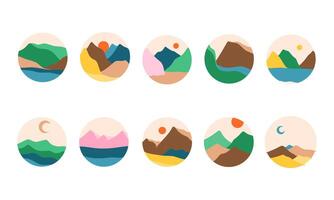 Set of 12 Circular Illustrations Featuring Abstract Mountain Landscapes with Different Color Schemes and Celestial Elements vector