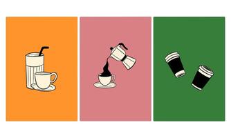 Three Colorful Panels Depicting Different Ways to Enjoy Coffee vector