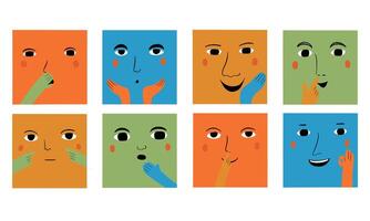 Eight Colorful Faces with Different Gestures and Expressions vector