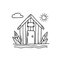 Simple drawing of a beach hut by the water vector