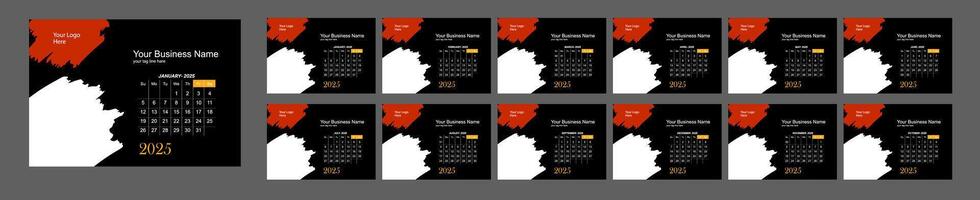 Monthly calendar template for 2025 year. Wall calendar in dark color. Week Starts on Sunday. vector