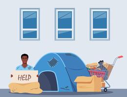 Homeless black man holding banner Help. Trolley cart with belongings and camp near. Bum in ragged clothes sitting on ground begging money. Unemployed character asking support, begging. . vector