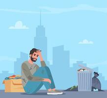 Homeless man on street. Bum in ragged clothes sitting on ground begging money. Unemployed character asking support in trouble situation, begging. illustration. vector