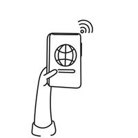 hand holding a smartphone with a globe on it vector