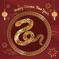 Happy New Year greeting card, red background with gold snake pattern vector