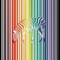 A graphic drawing of a rainbow colored zebra. The background is a striped rainbow pattern. vector
