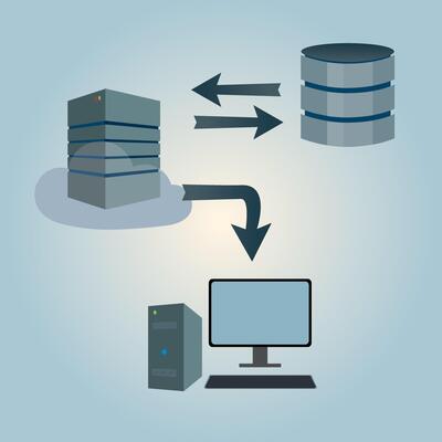 Symbols explaining database server flow in blue