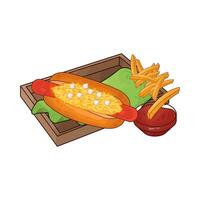 French fries and cheese hotdog with sauce vector