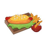 illustration of French fries and cheese hotdog with sauce vector