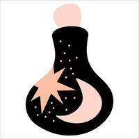 Magic flask with elixir illustration, potion bottle closed with a cork, stars and moon, black flask illustration vector