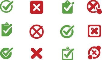 Set of Green Check Mark and Red Cross Mark Icons on Isolated Background for Clear Designs vector