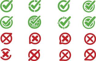 Green Check Mark and Red Cross Icon Set on Isolated Background for Task and Approval Projects vector
