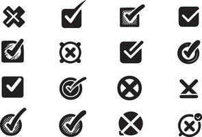 Set of Black Cross and Check Mark Icon illustration on isolated White Background. vector