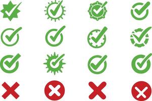 Set of Green Check and Red Cross Mark Icons on Isolated Background for Simple Visuals vector