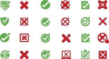 Simple Green Check and Red Cross Icon Set on Isolated Background for Clean Visual Projects vector