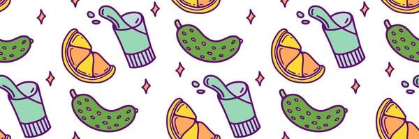 Vodka, lemon and cucumber seamless pattern. Background with strong alcoholic drink and fresh snack. Suitable for bar, menu. For market, textile wallpaper, brand. Outline trendy illustration. vector