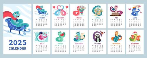 2025 calendar with cute snake illustrations for each month. 12 vertical pages with Chinese New Year symbol. Colorful and playful snake characters representing different seasons and holidays. vector