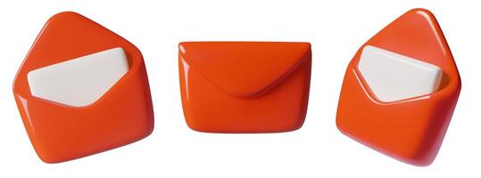 Red envelopes with mail minimal 3d icons set opened and closed letters with blank paper sheets vector