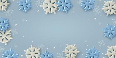 Winter 3d background design with white and blue snowflakes frame and copy space vector