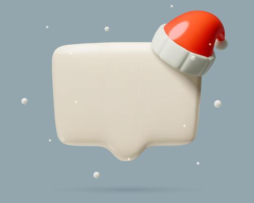 White speech bubble 3d Christmas background with Santa cap and snow