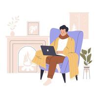 Man work in winter at home warming with blanket vector