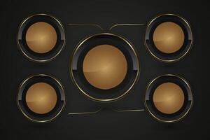 Five circles Luxury Black buttons with golden frame illustration. and 3d glossy elegant design for empty label, emblem, medal circles design vector