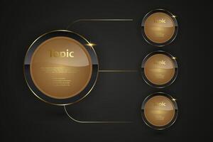 A Luxury Black circle button with golden frame illustration, Web button set elegant black gold style 3d isolated with blank space for text charts vector