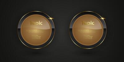 Group of two Luxury Black circle buttons with golden frame illustration, a sleek, modern graphic design with a focus on a circular, glassy sphere in the center. vector
