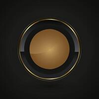A Luxury Black circle button with golden frame illustration. 3d glossy elegant design for empty label, emblem, medal or badge, shiny and gradient light effect on plate. vector