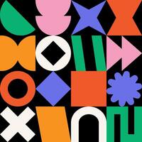 Y2k geometric shape seamless pattern. Brutalism shapes on black background. Minimalist geometric elements. Abstract forms in retro style. Wrapping design. vector
