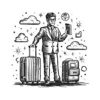 A man in a suit holding a suitcase and a passport vector