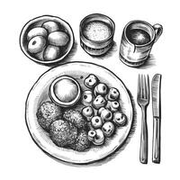 A drawing of a plate with food and a cup of coffee vector