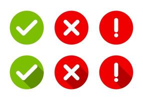 Tick, cross mark and exclamation mark icon with long shadow. Checkmark, x, and warning sign symbol vector