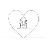 One continuous line drawing of loving couple heart vector