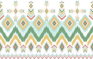 Seamless Pastel Tribal Geometric Pattern with Ikat Motifs in Southwestern Style - Diamond Shapes, Zigzag Lines, Ethnic Boho Design in Soft Green, Mustard, Blush, and Aqua Colors for Textiles vector