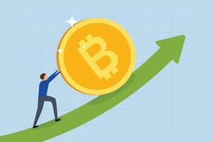 Bitcoin and crypto price rising up, Businessman investor working diligently to bolster the value of Bitcoin, propelling it higher on the ascending arrow graph and chart. vector
