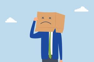 Unsatisfied customer, Unhappy man in a cardboard box with a sad expression, feeling frustrated. vector