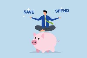 Money decision, Uncertain lady sitting on piggy bank, contemplating decision between saving or spending. vector