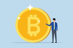 What is Bitcoin and blockchain technology, Entrepreneur specialist provides a detailed explanation of blockchain technology on a Bitcoin coin made of gold. vector