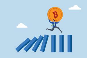 Cut loss from Bitcoin and cryptocurrency collapse, Entrepreneur investor holding bitcoin hurrying to escape collapsing domino effect. vector