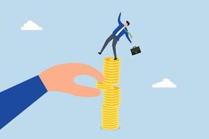Investment risk from rug pull crash, massive hand withdraws money from a stack of coins, leading to the investor downfall. vector