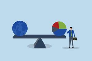 Global investment asset allocation, Businessman managing funds maintains equilibrium between pie chart and globe or world. vector