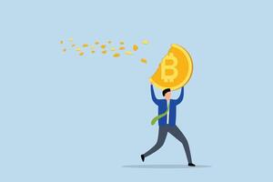 Bitcoin price falling down make trader losing money, Disappointed investor trader fleeing with his disappearing, crumbling into dust Bitcoin. vector