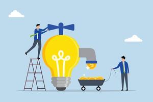 Idea to make money, Entrepreneur turns on the lightbulb of ideas to generate coins and make money. vector