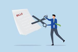 Cut bills to reduce cost and expense, Businessman employing large scissors to trim stack of bills and costs. vector