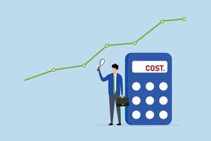 Cost management, Intelligent entrepreneur examining cost chart with calculator through magnifying glass. vector