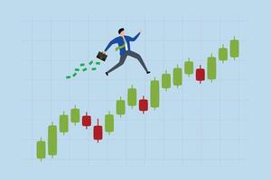 Success trader make profit with investment trading, businessman investor with a money briefcase runs confidently on a candlestick graph. vector
