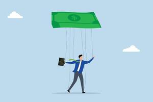 Being controlled by money, weak servant businessman marionette manipulated by wealth. vector